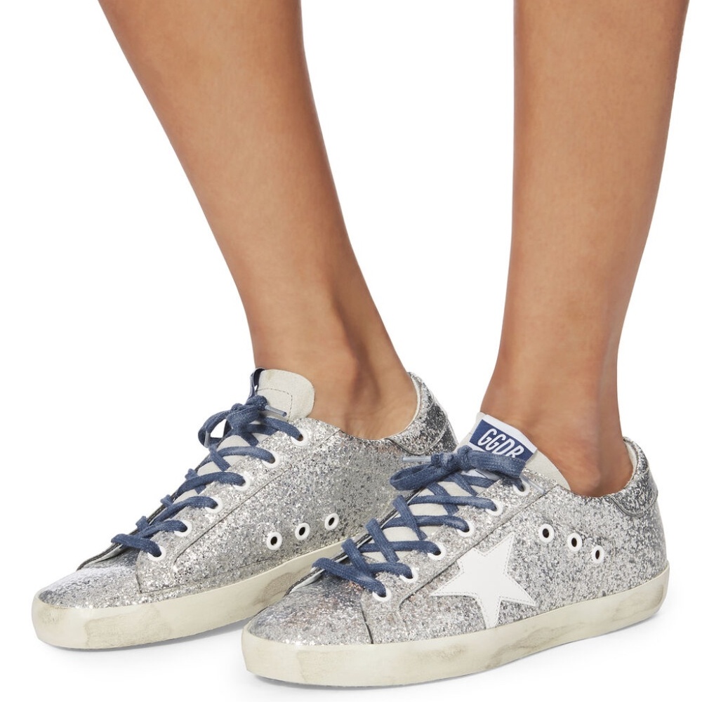 GOLDEN GOOSE Superstar Blue Lace Silver Glitter Sneakers (Size 35)